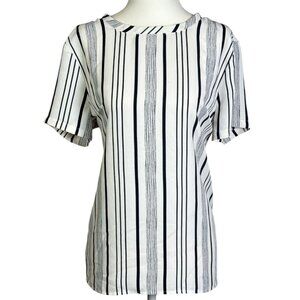 Ann Taylor LOFT Blouse Top M Womens Stripe White Black Short Sleeve Button Back